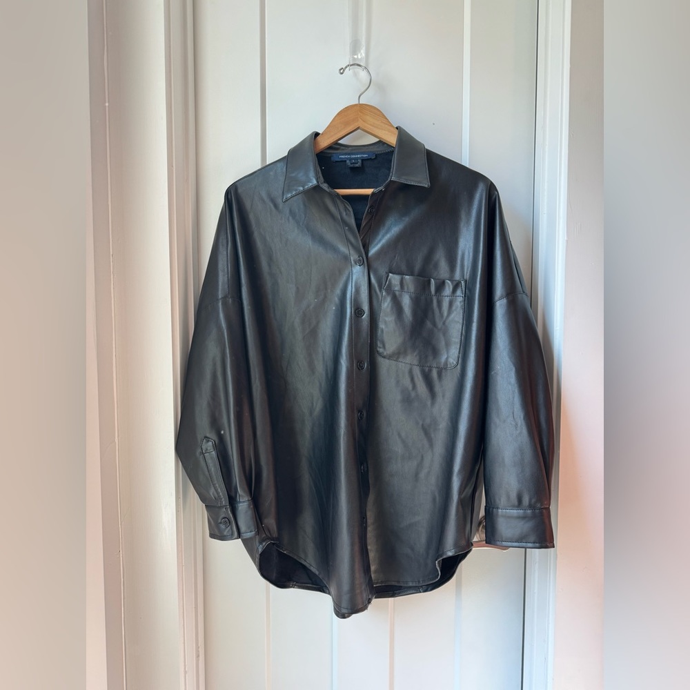 French Connection Black Faux Leather Shirt Jacket
